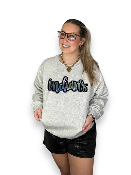 cursive metallic indians patch on gray sweatshirt