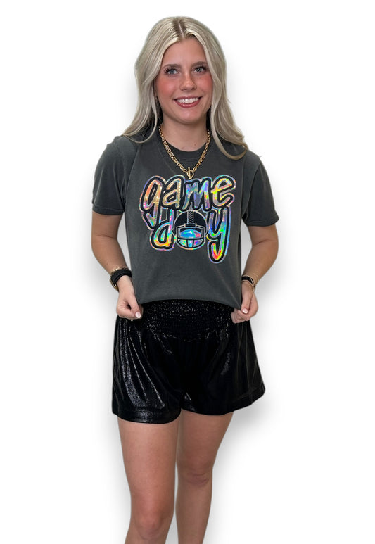 Metallic Football Helmet Game Day on gray shirt