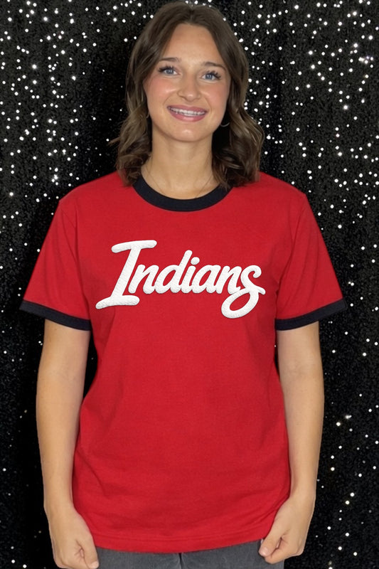 Fuzzy White Indians Cursive Ringer T-Shirt