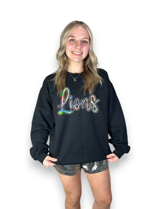 Silver Cursive Metallic Lions on black sweatshirt