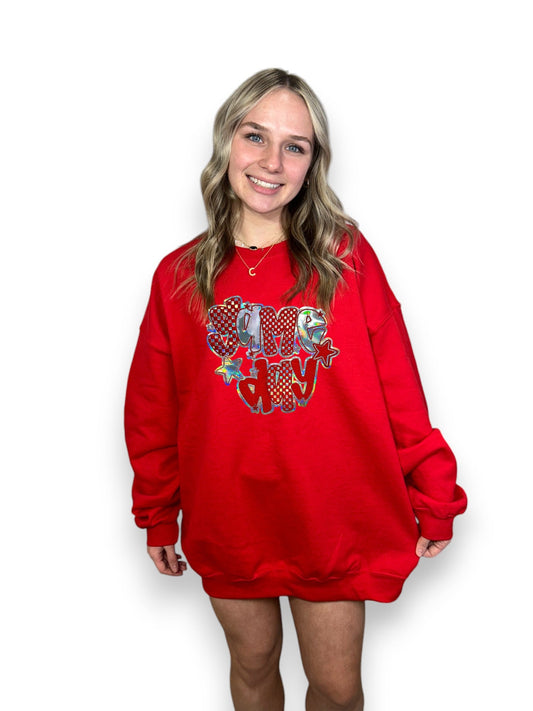 red metallic checkered game day patch with red sweatshirt