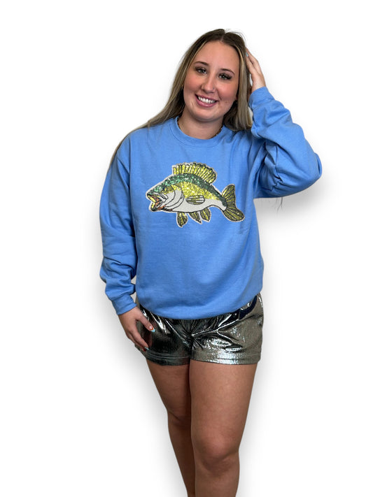 sequin bass iron on patch on blue sweatshirt