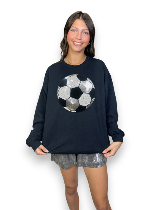 Sequin Soccer Ball on black sweatshirt