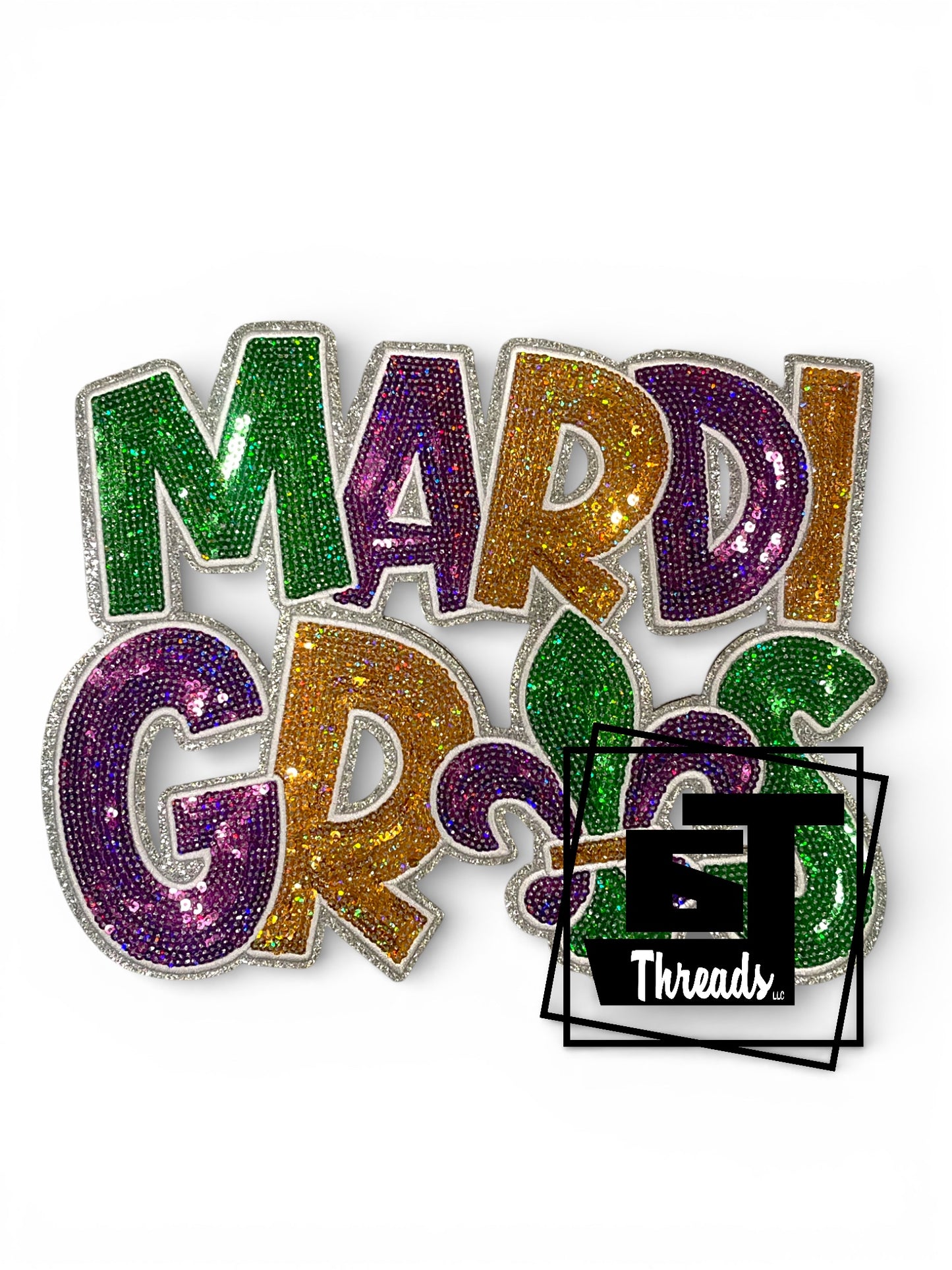 Colorful 'Mardi Gras' text with 6j Threads logo on a white background
