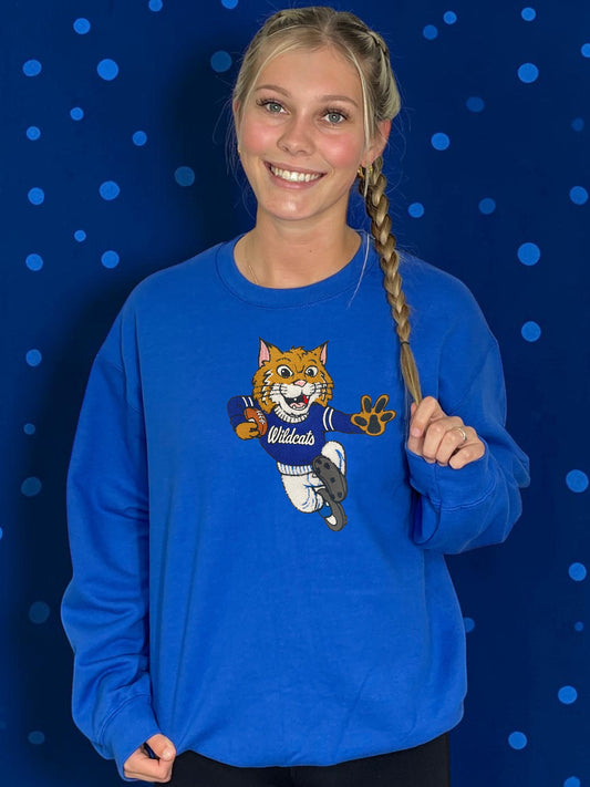 Person wearing a blue sweatshirt with a Wildcats logo on a blue polka dot background