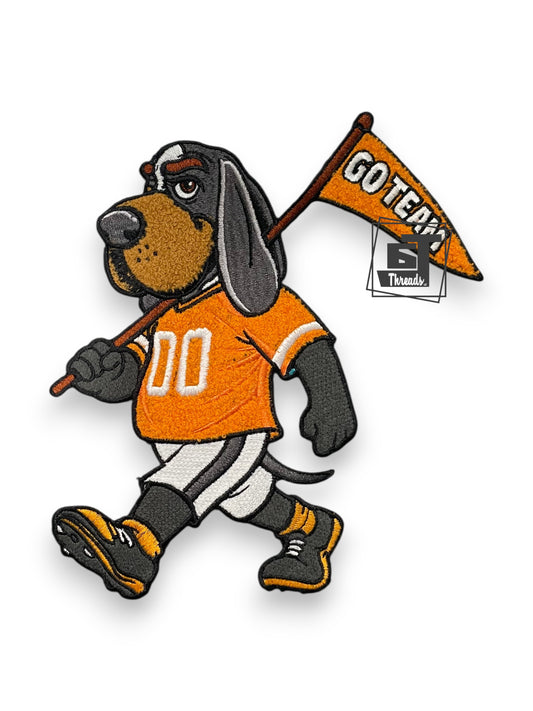 dark grey hound dog with flag patch with orange jersey