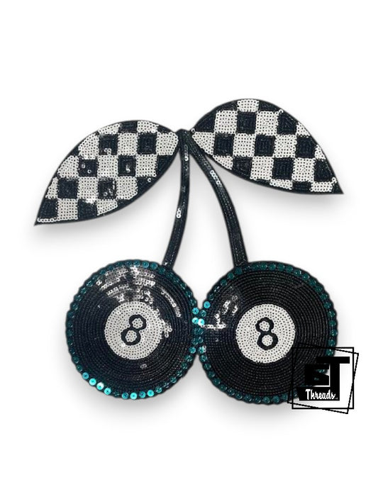 Measurements: 9.5 inches tall and 9 inches wide&nbsp;
Black sequin 8 Ball checkered Cherries with teal sequin details and black embroidery.
Iron-on Patch