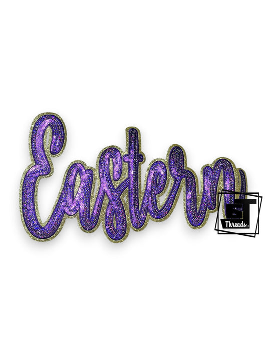 Purple 'Eastern' text patch with gold outline on a white background