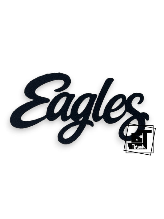 Measurements 11 inches wide by 8 inches tall
Black Cursive Fluffy Fabric Eagles Patch
Iron-on Patch