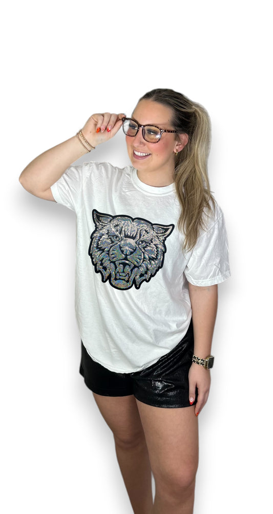 Silver Sequin Wildcat Head on white tee